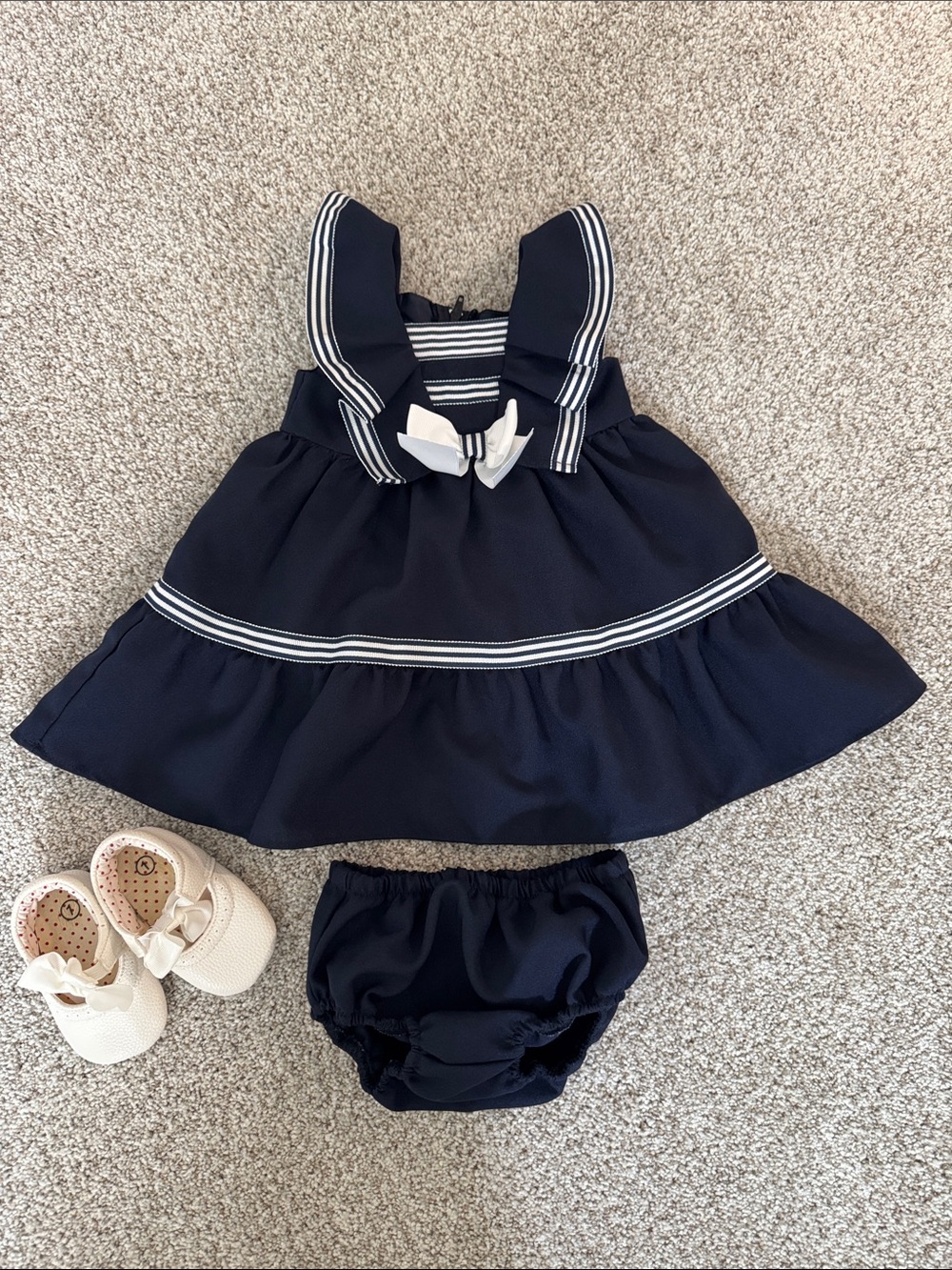 Bonnie Baby Navy and White Sailor Dress with Bloomers and Booties